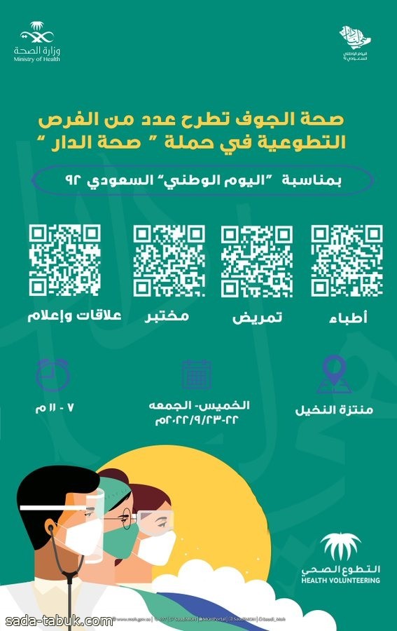صحة الجوف تعلن عن طرح عدد من الفرص التطوعية بمناسبة اليوم الوطني السعودي 92
