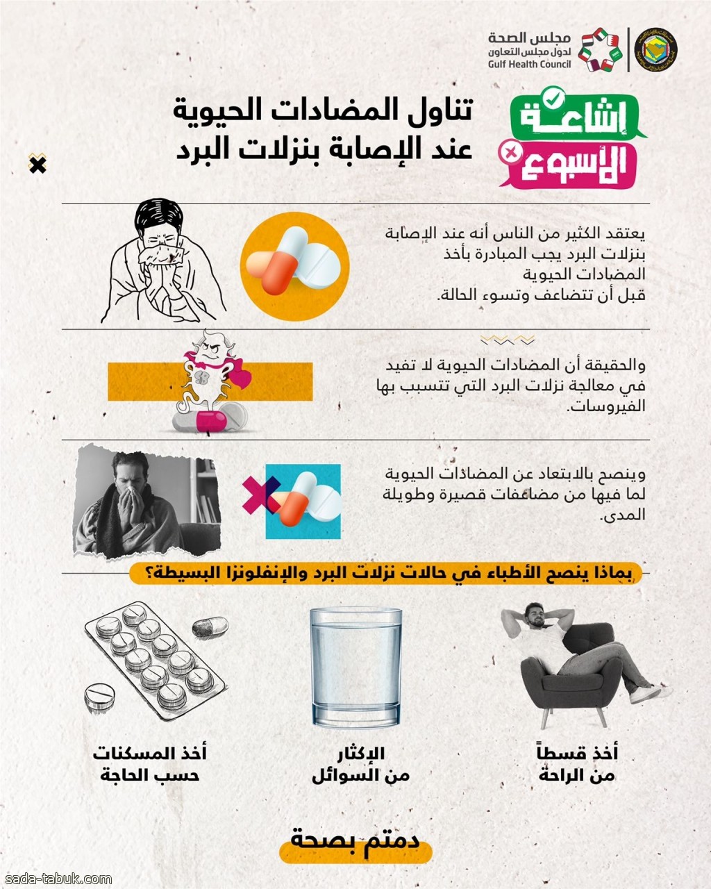 مجلس الصحة الخليجي : المضادات الحيوية لا تفيد مع نزلات البرد التي تسببها الفيروسات