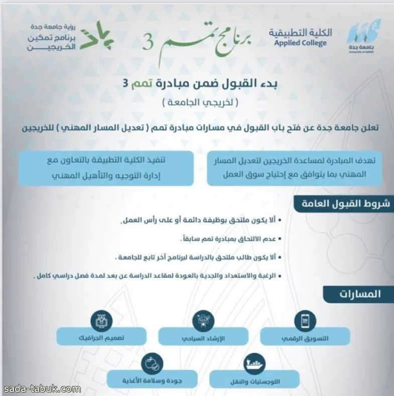 جامعة جدة : بدء القبول في مسارات مبادرة "تمم"