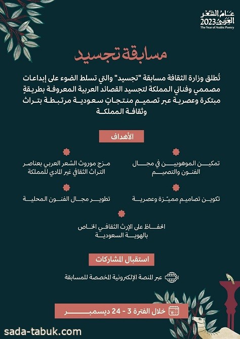 الثقافة تطلق في ديسمبر مسابقة "تجسيد" لتحويل أبياتٍ شعرية لتصميم منتجات ثقافية سعودية