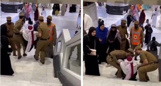 لحظة إنسانية.. فيديو| رجلا أمن يساعدان سيدة مسنة أثناء أداء مناسك الحج
